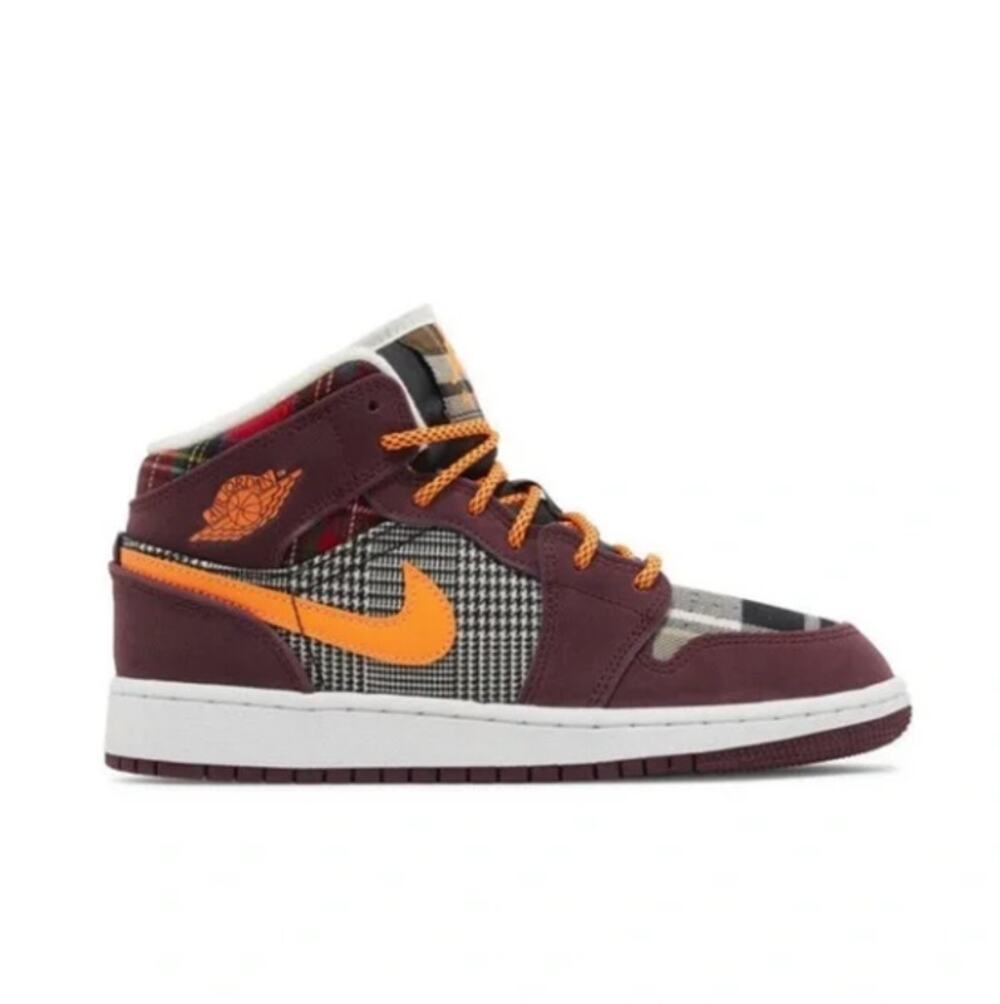 NIKE AIR JORDAN 1 Mid SE (GS) Night Maroon Total Orange Plaid Sz 5.5Y/Women 7.5